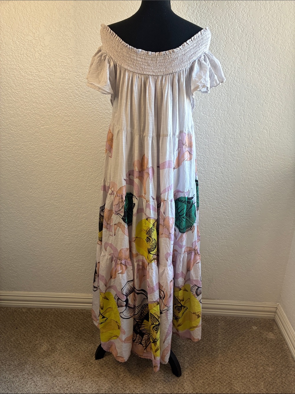 Maeve Pia Binazzi Maxi Dress Pink Vibrant Fish Print Off The Shoulder Tiered S - Picture 7 of 12